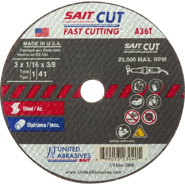 United Abrasives/Sait Abrasive Cut-Off Wheel, Type 1-/ Type 41, 4